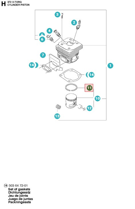 Pierścień tłokowy 50mm Husqvarna 371XP, 372XP, CS2172, CS2166